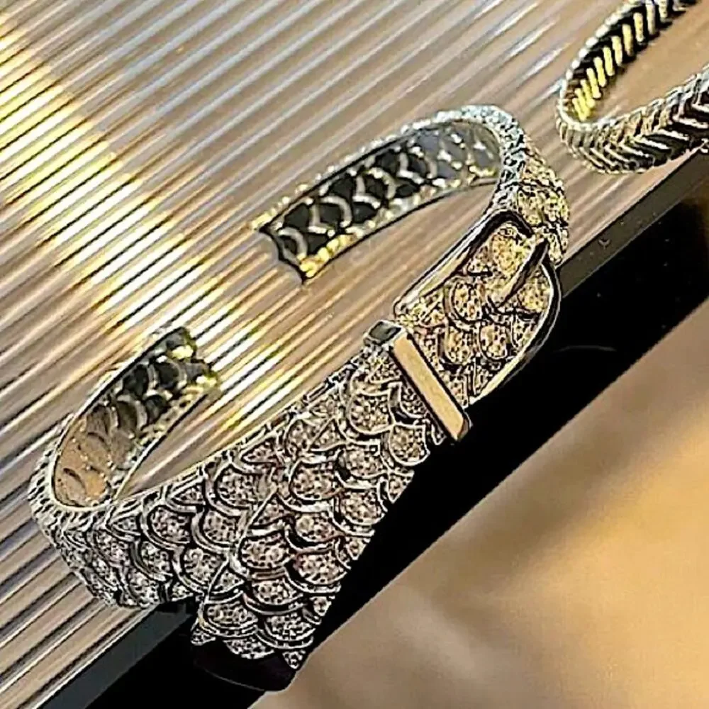 Sterling Silver Buckle Bangle Bracelet, Zircon Cuff Belt Buckle, Minimalist